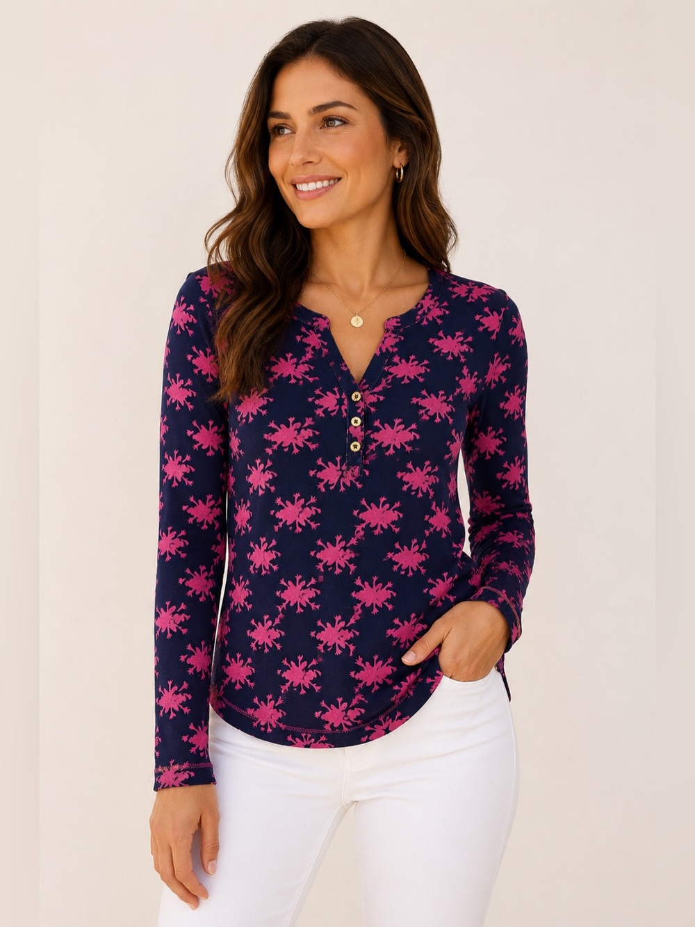💗 Lilly Pulitzer Navy & Pink Floral Pima Cotton Henley Top – XS